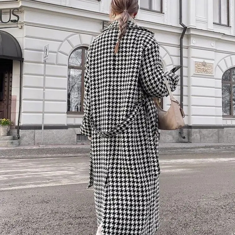 Loose Houndstooth Women Trench Coat Elegant Lapel High-end Fashion Office Jacket - Picture 3 of 12